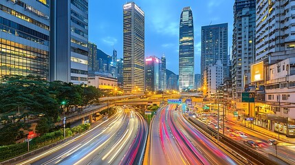 Fototapeta premium Hong Kong City Night Traffic Highway Skyscrapers