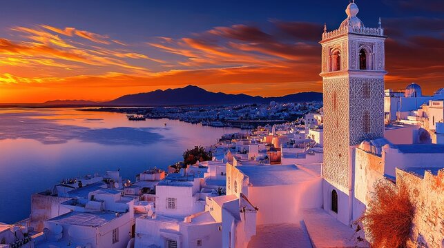 Sunset over Sidi Bou Said Coastal Town in Tunisia
