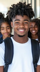 A young man with a black beard and a white shirt is smiling and posing for a picture with a group of other young people