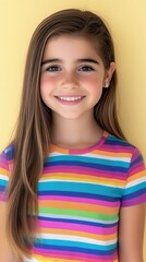 Fototapeta premium A girl with long hair is wearing a colorful striped shirt and smiling. The image conveys a cheerful and playful mood, as the girl's smile and the vibrant colors of her shirt suggest a happy