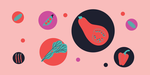 Cute appetizing Vegetables collection. Decorative abstract horizontal banner with colorful doodles. 
Hand-drawn modern illustrations with Vegetables, abstract elements.	
