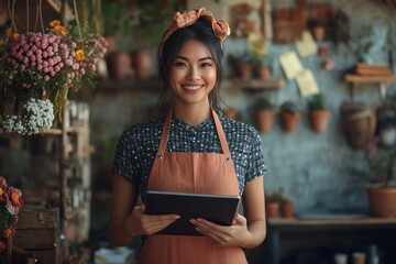 Florist smiles while using a tablet in a charming flower shop filled with vibrant plants