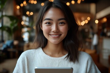 Young woman enjoying a warm atmosphere in a cozy cafe while using a tablet during the afternoon