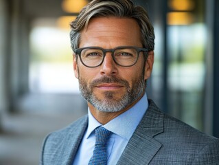 Fototapeta premium Businessman in suit smiling confidently outdoors near modern architecture