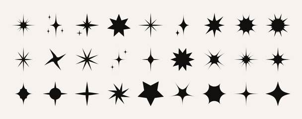 Stars icon collection. Abstract star set, geometric sparks and sparkle silhouette symbols, minimalist decorative retro starlight signs different shapes. Vector isolated set