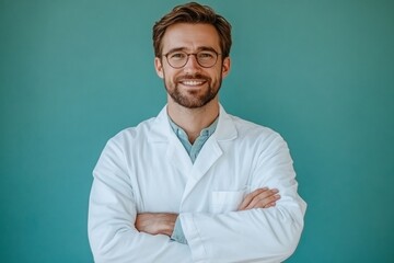 Smiling medical professional stands confidently with arms crossed in a clinical setting