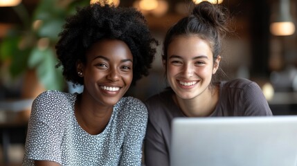 Two friends smiling while working on a laptop in a cozy cafe interior during daytime