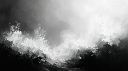 Fototapeta premium Monochrome landscape painting, stormy clouds, light breaking through, digital art, website banner