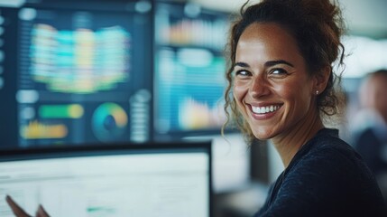 Smiling woman working at computer in modern office with data visualizations on screens
