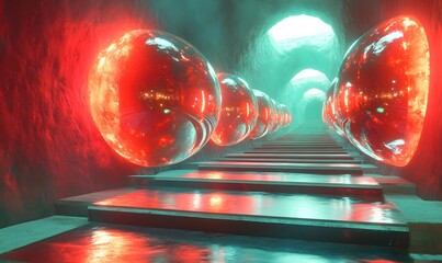 Glowing red orbs line a stepped passageway in a mysterious scene with light at the end