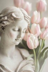 Naklejka premium A beautifully carved marble antique statue, weathered with age, elegantly adorned with an array of fresh spring tulips along its contours.