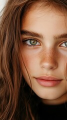 Obraz premium A woman with green eyes and a red nose. She has a smile on her face. The image is of a woman with brown hair and a green eye