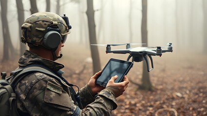 A soldier operates a drone in a foggy forest, showcasing military technology and advanced surveillance capabilities.