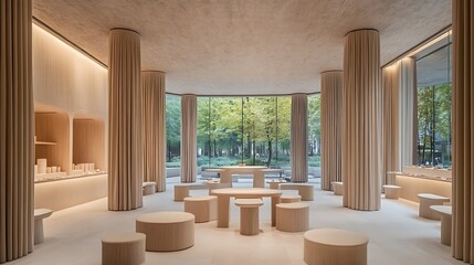 Minimalist store interior design with light wood and neutral tones