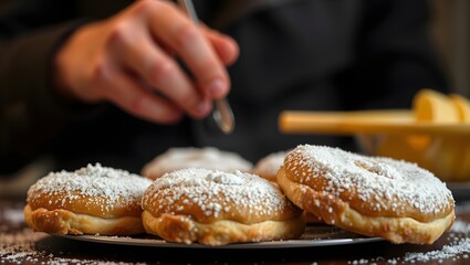 A hand sprinkles powdered sugar on freshly made donuts, showcasing a delicious treat on a dark surface.