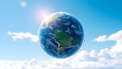 A vibrant depiction of Earth floating in a clear blue sky, illuminated by sunlight, showcasing the planet's beauty and tranquility.