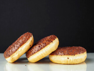 Three chocolate donut with sprinkles on top. The donut is sitting on a white surface and dark background. Premium high quality bakery product.