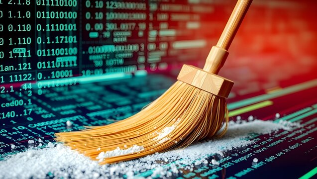 A broom sweeping salt over a digital background filled with binary code, symbolizing data cleaning or cybersecurity.