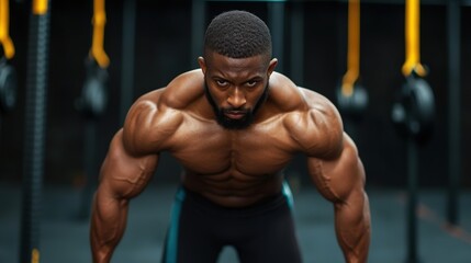 Fototapeta premium Muscular african male bodybuilder training in gym