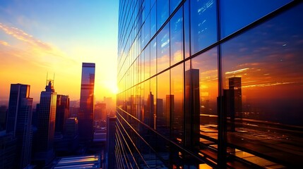 Obraz premium Sunset cityscape reflected in modern skyscraper windows