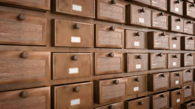 Closeup on many old wooden drawers. Antique shelves made from wood for organizing and sorting things. 3D animation.