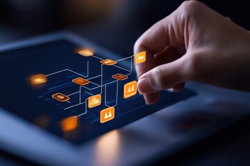 Person interacting with a digital flow chart on tablet