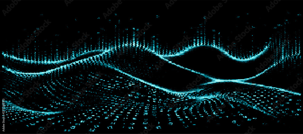 Aufkleber vector illustration depicts a wave of cyan particles forming a dynamic, flowing pattern on a dark ba