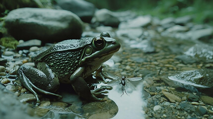 Green frog resting beside a shallow stream, fly in the water, lush forest background