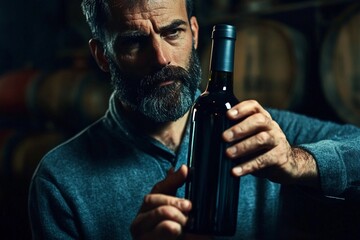 A skilled winemaker examines a bottle of wine, ensuring its quality and flavor profile