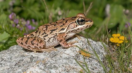 Fototapeta premium Small frog on rock, wildflowers in background