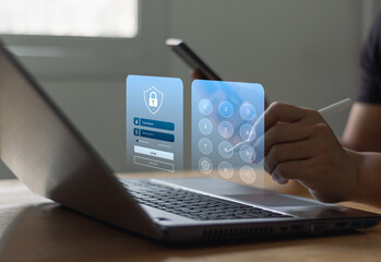 Cyber security in two-step verification, multi-factor authentication, information security and encryption, secure access to user personal information, cybersecurity. Businessman login laptop computer.