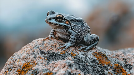 Fototapeta premium Grey frog perched on rock, blurred coastal background, nature photography, website banner