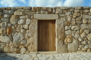Rustic stone cottage under blue skies. Neural network AI generated