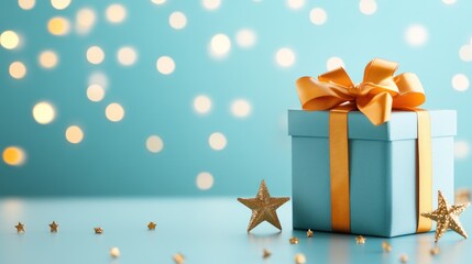 Fototapeta premium Teal gift box with golden bow and star decorations