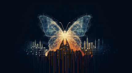 The silhouette of a beautiful butterfly flutters gracefully in the air against the silhouette of a stunning city skyline, creating a mesmerizing scene