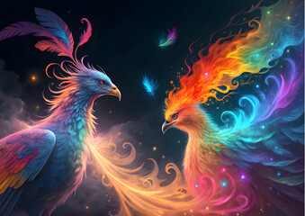 Fototapeta premium Colorful Phoenix Pair: Fire and Ice Fantasy Art