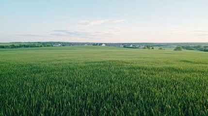 Green wheat field, houses, sunset, rural landscape, idyllic nature scene