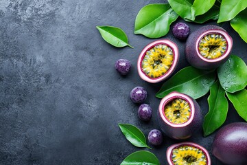 Freshly cut passion fruit with leaves on dark background