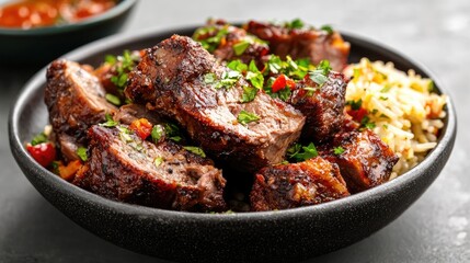 Grilled meat, rice, and salsa on dark bowl. Food photography for menus