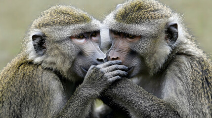 Close-up of two baboons touching noses, outdoors in a zoo