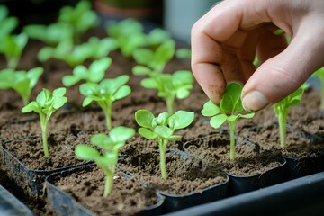 A horticulturist planting seeds in a greenhouse with rows of vibrant plants in the background 