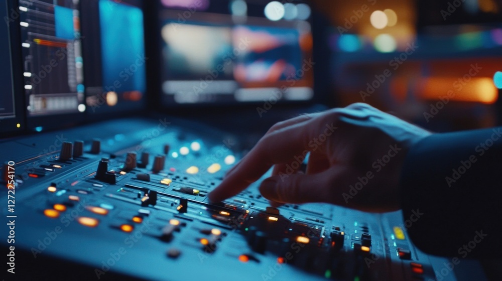 Poster close up of a video editor adjusting audio levels and effects on a mixing panel while working on a f