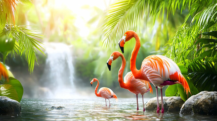Fototapeta premium Three flamingos by a tropical waterfall in a lush jungle