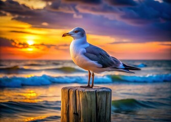 Gulf Coast Gull in Low Light, Coastal Bird at Dusk, Beach Scene