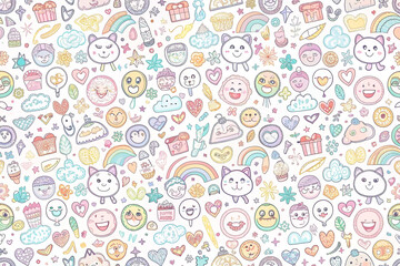 Obraz premium Pastel Cute Doodle Pattern Background with Happy Faces