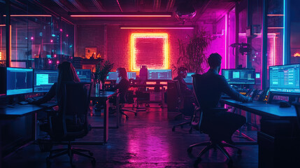 Neon-lit office with diverse young adults working at computers in modern high-tech environment