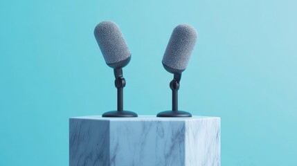 Two microphones on a hexagon pedestal; minimalist studio setup; suitable for podcast, video conference, or streaming