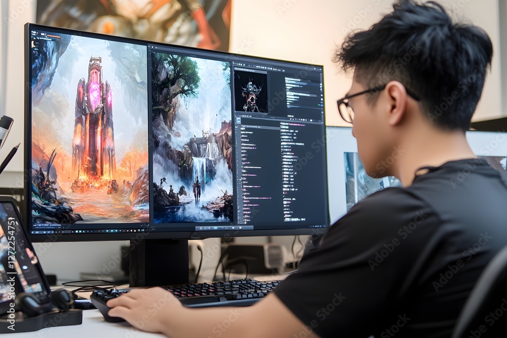 Fototapete a game designer working on concept art, with the design sketches and digital software interface high