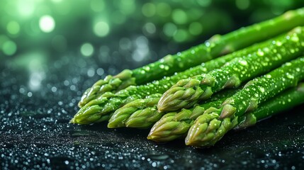 Fresh Green Asparagus Stems with Water Droplets
