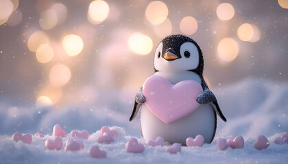 Naklejka premium Adorable penguin chick holding heart in snowy landscape with heart shaped lights